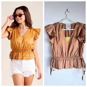 NWT Alden Adair Marina Ruffle Sleeve V-Neck Peplum Style Top in Earth Size Small